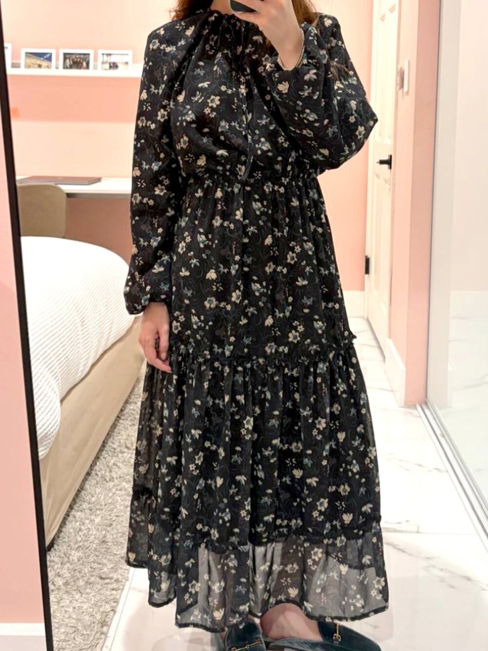 ADINA LAS VEGAS MIDNIGHT FLORAL LONG SLEEVE MIDI DRESS WITH TIE NECKLINE
